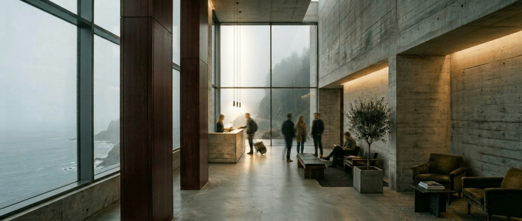 Modern hotel lobby with concrete walls, large floor-to-ceiling windows showing a foggy mountain road, guests checking in and sitting